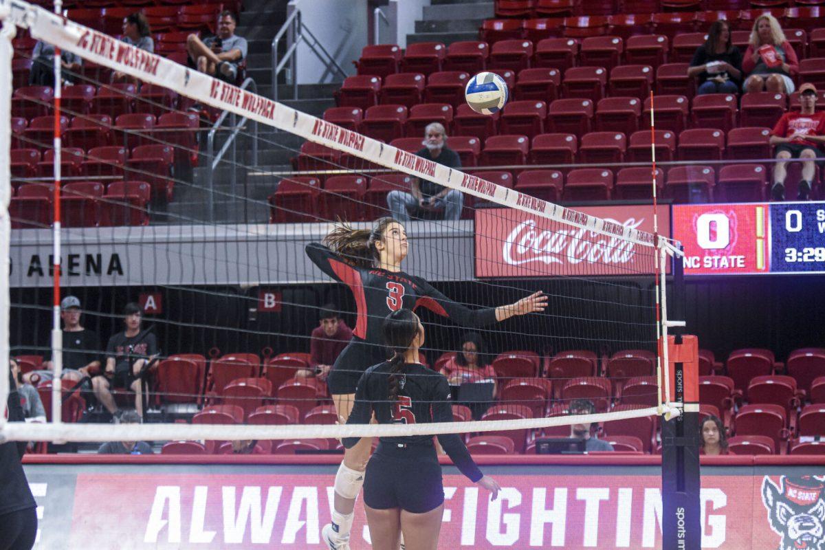 Freshmen middle blocker Gabriella Karman prepares to spike the ball in the match against Western Carolina University on Friday, Sept. 9, 2022 in Reynolds Colliseum. The Wolfpack lost 3-0 to the Catamounts.