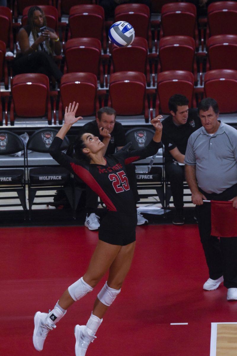 Junior middle blocker Riley Shaak serves the ball during the game against Western Carolina University on Friday, Sept. 9, 2022 in Reynolds Colliseum. The Wolfpack lost 3-0 to the Catamounts.
