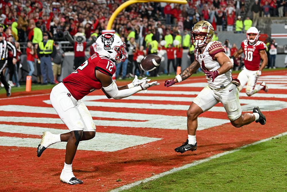 Sophomore defensive back Devan Boykin catches an interception in the game versus Florida State at Carter-Finley Stadium on Saturday, Oct. 8, 2022. The Wolfpack beat the Seminoles 19-17.