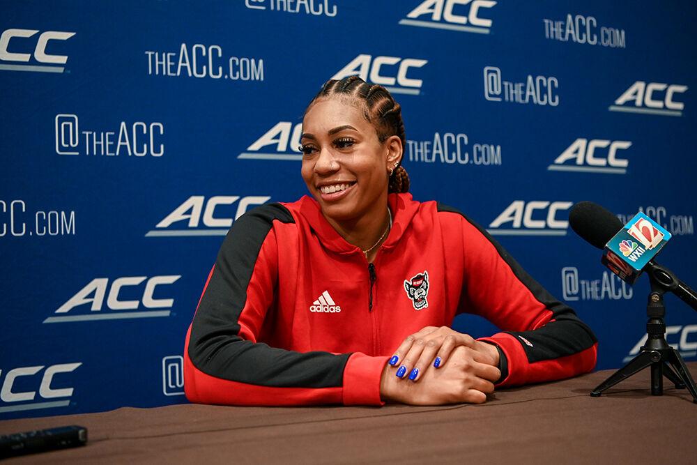 Senior wing Jakia Brown-Turner smiles while being asked a question by a reporter during the breakout interviews at the ACC Tipoff on Tuesday, Oct. 11, 2022 at The Westin Charlotte in Charlotte, North Carolina. The ACC Tipoff is an event that spans two days to promote the upcoming women and men's basketball seasons. Brown-Turner spoke about the future of the NC State women's basketball team and how she plans to lead the team this season.