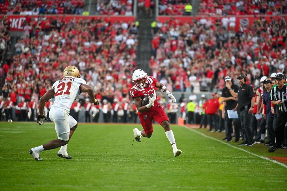 Freshman running back Michael Allen gains yards during the game on Saturday, Nov. 12, 2022 at Carter-Finley Stadium. Allen had 86 rushing yards in the game. NC State lost to Boston College 21-20.