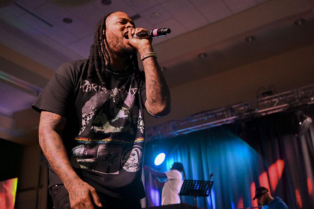 Waka Flocka Flame raps into the microphone during the PackHowl concert on Thursday, Nov. 10, 2022 in Talley Student Union. PackHowl is an annual concert sponsored by University Activities Board.