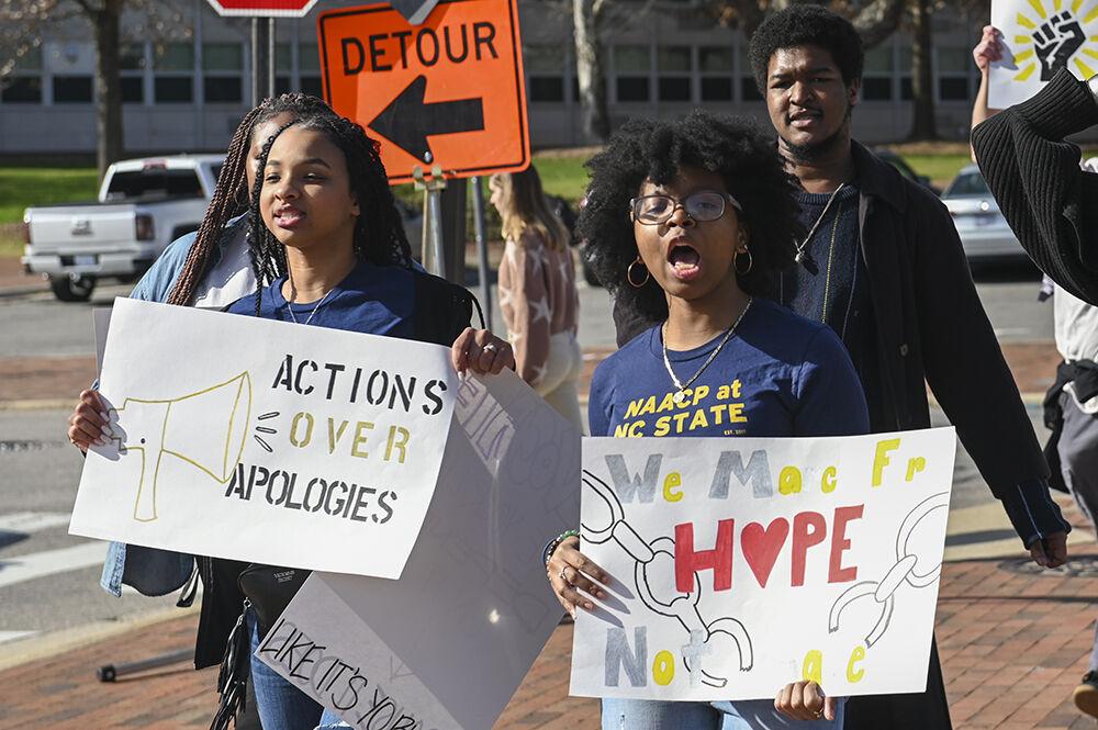 (Left to right) NAACP at NC State members Tiara Baker, a third-year studying political science, and MyAsia Jackson, a second-year studying political science and criminology, chant during the March like Martin event on Friday, Jan. 20, 2023. This year's march theme was "Move" and celebrated the movements of the past and present that work towards eliminating injustice and equity.