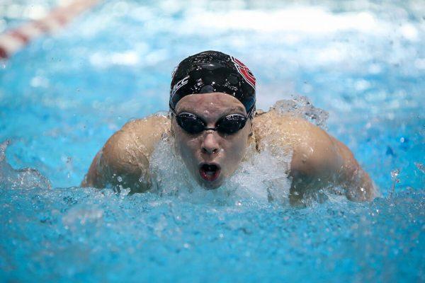 NC State sophomore Abby Arens competes in the 200-yard butterfly during the NC State Wolfpack's swimming and diving meet against the Duke Blue Devils on Saturday, Jan. 15, 2022. Arens won the race with a time of 1:58.18. The Pack women beat the Blue Devils 139-87.