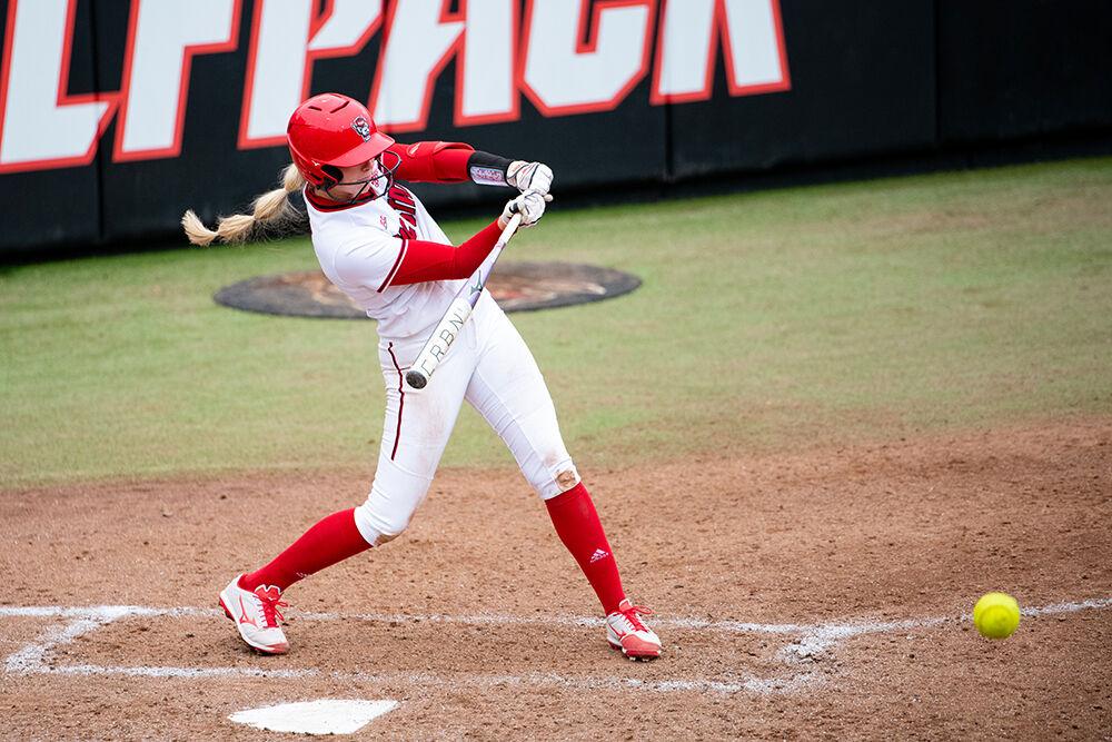 Freshman pitcher Madison Inscoe hits the ball during the game versus Purdue at Dale Softball Stadium on Sunday Feb. 19, 2023. Inscoe pitched two strikeouts and had one hit. NC State beat Purdue 4-3.