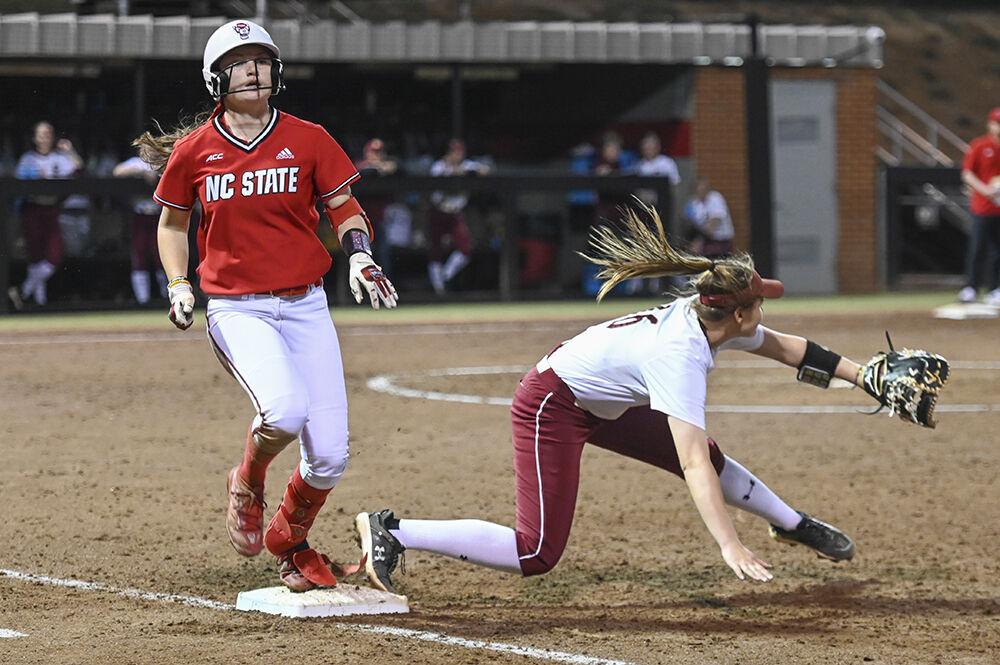 Graduate outfielder Rebecca Murray makes it to first base safely during the game against Elon at Dail Softball Stadium on Wednesday, Feb. 22, 2023. Murray scored two runs. NC State beat Elon 11-3.
