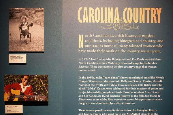 A sign highlights a variety of North Carolina connections in The Power of Women in Country Music exhibit at the NC Museum of History on Friday, Feb. 3, 2023.
