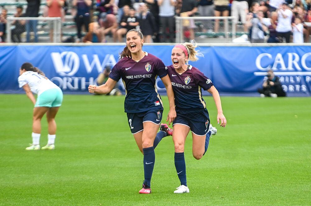 NC Courage forward Mille Gejl (left) sprints to the crowd with NC Courage midfielder Denise O'Sullivan (right) after Gejl scored in the game against the Kansas City Current at WakeMed Soccer Park on Saturday, March 25, 2023. The Courage beat the Kansas City Current 1-0.
