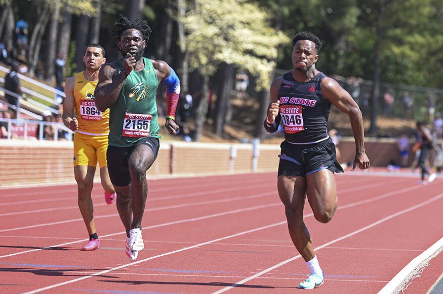 Senior sprinter Alex Lang sprints to the finish line during the Raleigh Relays track meet at the Derr Track and Field Facility on Friday, March 24, 2023. Lang finished fourth overall in the men's 100-meter with a time of 10.58.