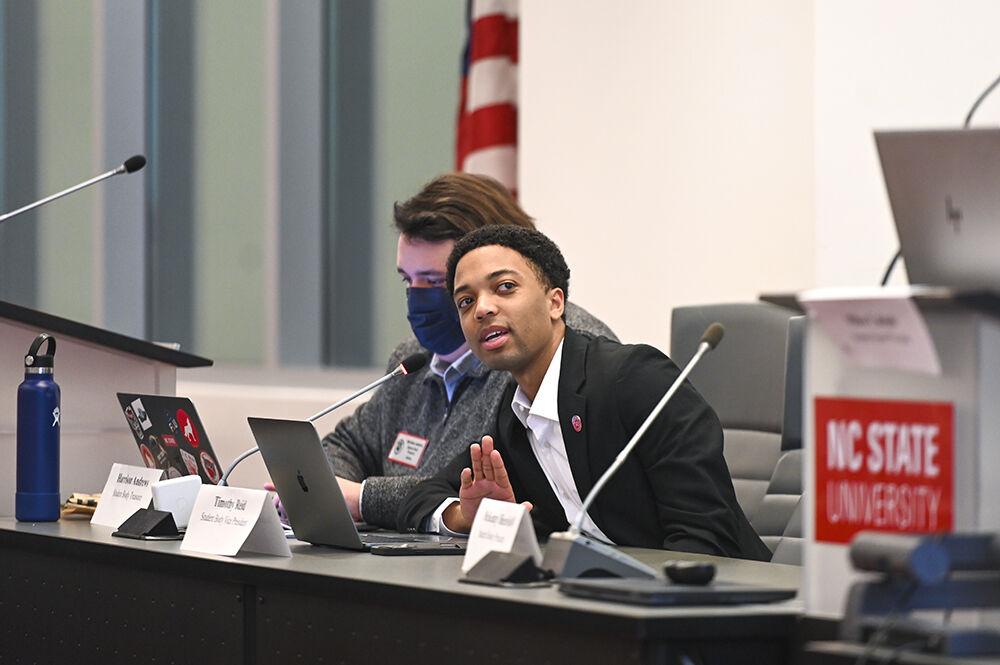 Student Body Vice President Timothy Reid, a fourth-year studying business administration and political science, gives his report to the student senators during their meeting in Talley Student Union on Wednesday, Feb. 1, 2023. The 102nd session student senate is composed of 72 students that represent each school and college at NC State.