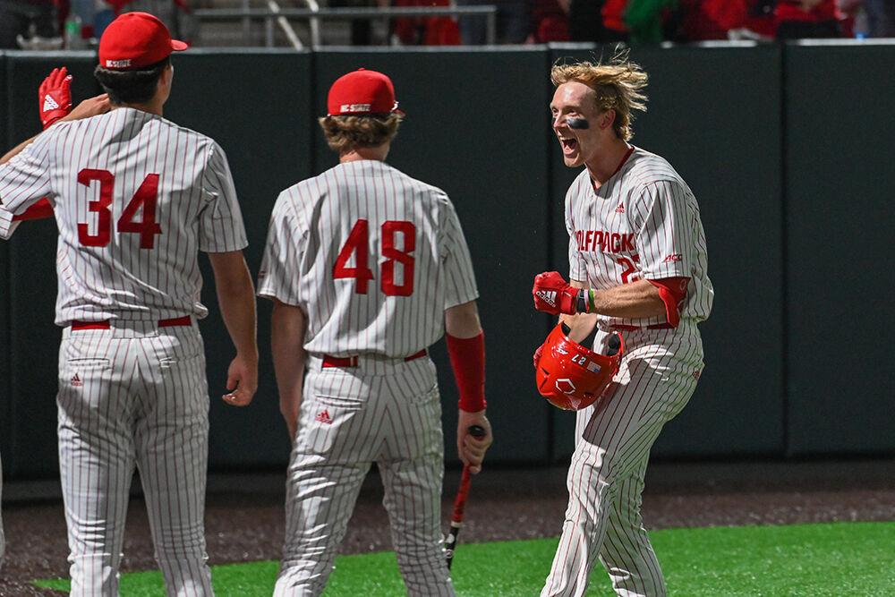 Graduate outfielder Parker Nolan celebrates hitting a home run during the game against Florida State at Doak Field at Dail Park on Saturday, April 15, 2023. The Wolfpack beat the Seminoles 4-3.