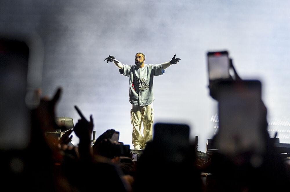 Rapper Drake engages with the crowd during the Dreamville Festival at Dorothea Dix Park on Sunday, April 2, 2023. Drake was the headliner for the final day along with J. Cole.