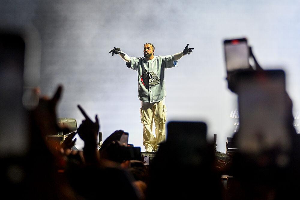 Rapper Drake engages with the crowd during the Dreamville Festival at Dorothea Dix Park on Sunday, April 2, 2023. Drake was the headliner for the final day along with J. Cole.