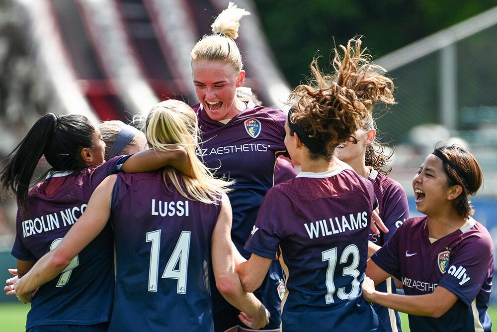 NC Courage forward Rikki Madsen jumps in the team circle as the team celebrates scoring a goal during the match against OL Reign at Sahlen's Stadium at WakeMed Soccer Park on Sunday, May 14, 2023. Madsen made one assist. NC Courage beat OL Reign 1-0.