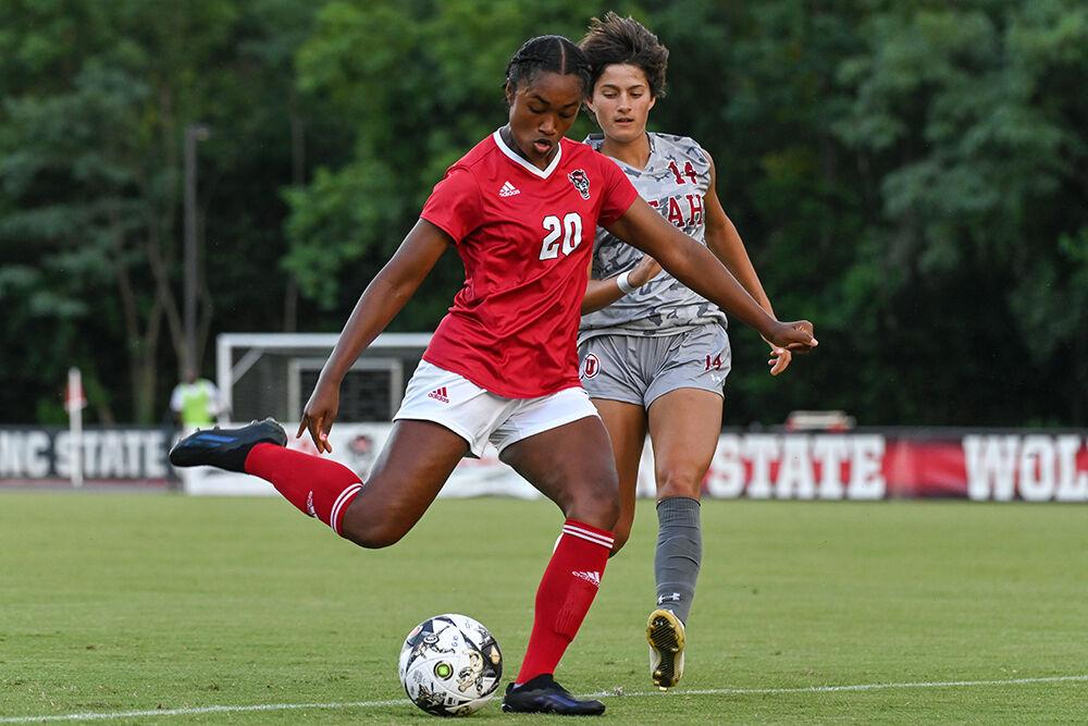 Sophomore defender Brooklyn Holt passes the ball during the match against Utah at Dail Soccer Field on Thursday, Aug. 17, 2023. NC State and Utah tied 1-1.