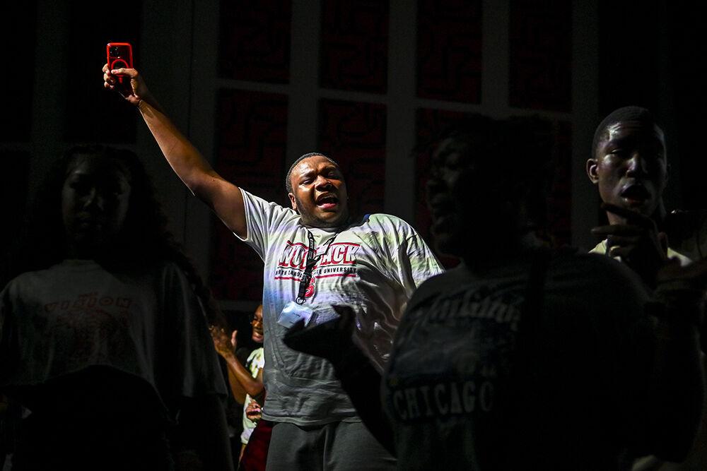 Dre Jordan, a third-year studying technology, engineering and design education, shouts during the Multicultural Symposium Culture Show in Witherspoon Cinema on Wednesday, Aug. 17, 2023. The goals of Multicultural Symposium is to have new students build a sense of community and belonging and experience joy.
