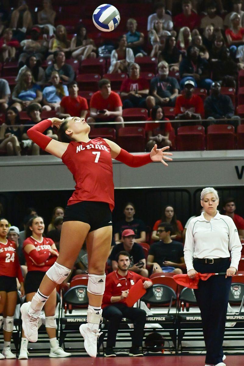 Sophomore outside hitter Ava Brizard serves the ball during the match against UNC-Charlotte at Reynolds Coliseum on Tuesday, September 12, 2023. Brizard had ten kills, two blocks and nine digs for the Wolfpack. NC State took down UNC-Charlotte with a final score of 3-0.