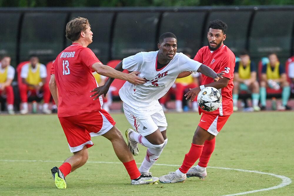 Junior midfielder Vusumzi Plamana struggles to reach the ball in the match against Radford at Dail Soccer Field on Friday, Aug. 25, 2023. NC State beat Radford 3-1.