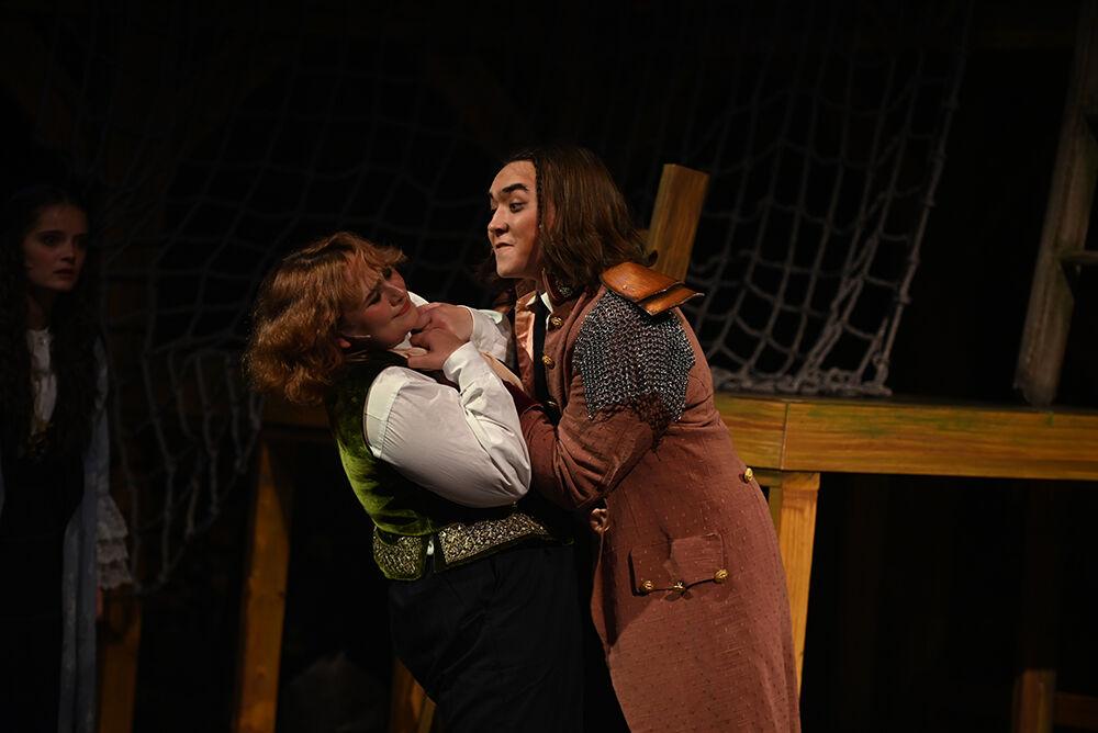 Lola Byers-Ogle, a third-year studying English plays Boy/Peter and Ryan Lim, a second-year studying food science, plays Bill Slank, Mermaid during the dress rehearsal for NC State University Theatre's performance of "Peter and the Starcatcher" at Titmus Theatre on Wednesday, Oct. 18., 2023. "Peter and the Starcatcher" is a whimsical and imaginative prequel to Peter Pan, exploring the adventures that lead Peter to Neverland.