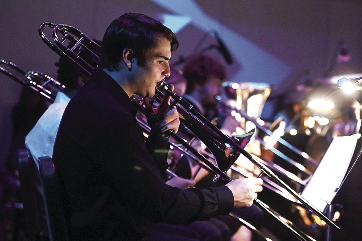 Nick Albaeck, a first year studying engineering, performs during the Symphonic Band Concert: From the Sky to the Stars, in Stewart Theatre on Thursday, Nov. 9, 2023. The concert was the final exam for students in the symphony, and it featured music from popular movies about space.