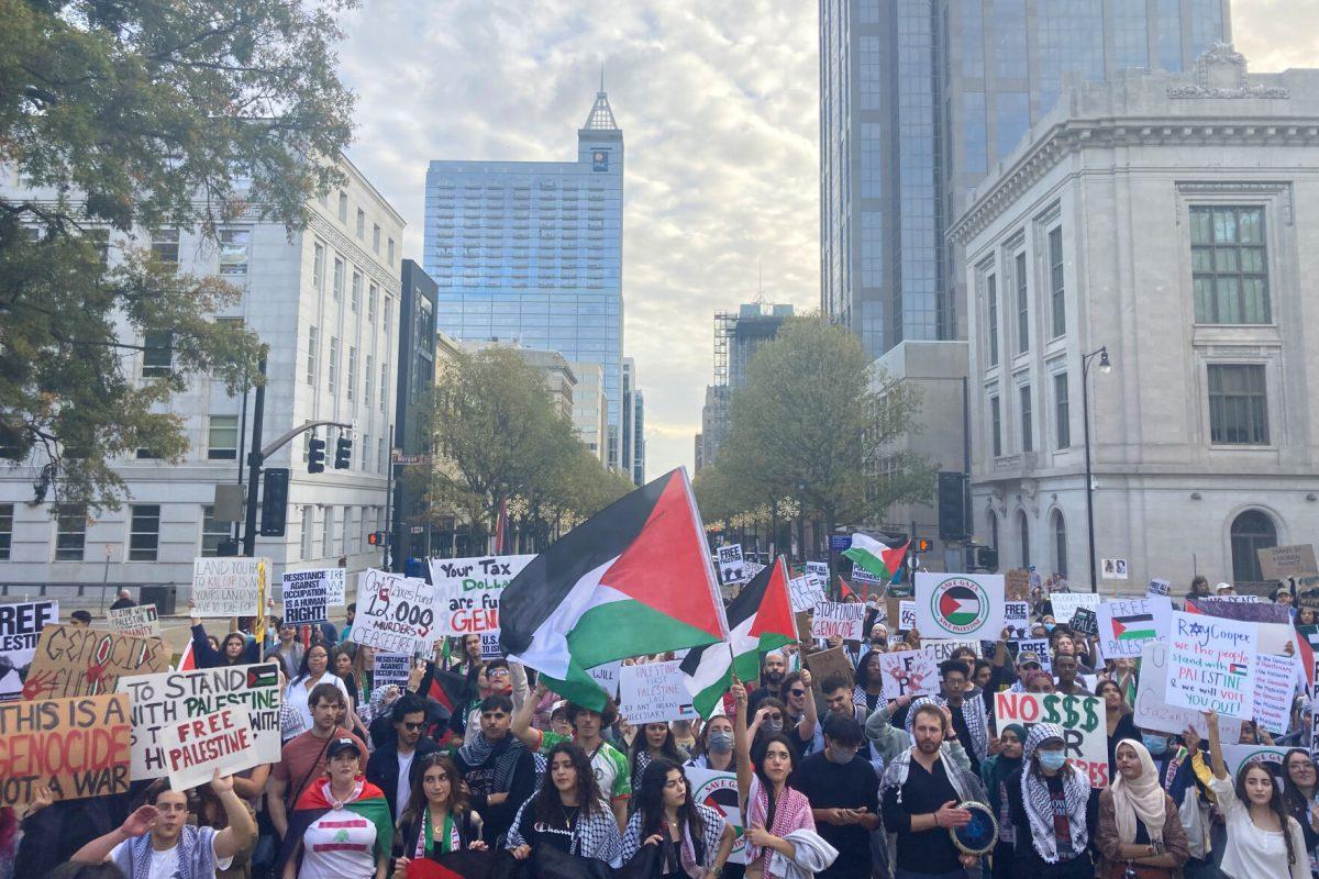 Protesters march down Hillsborough Street on Friday, Nov. 17, 2023.