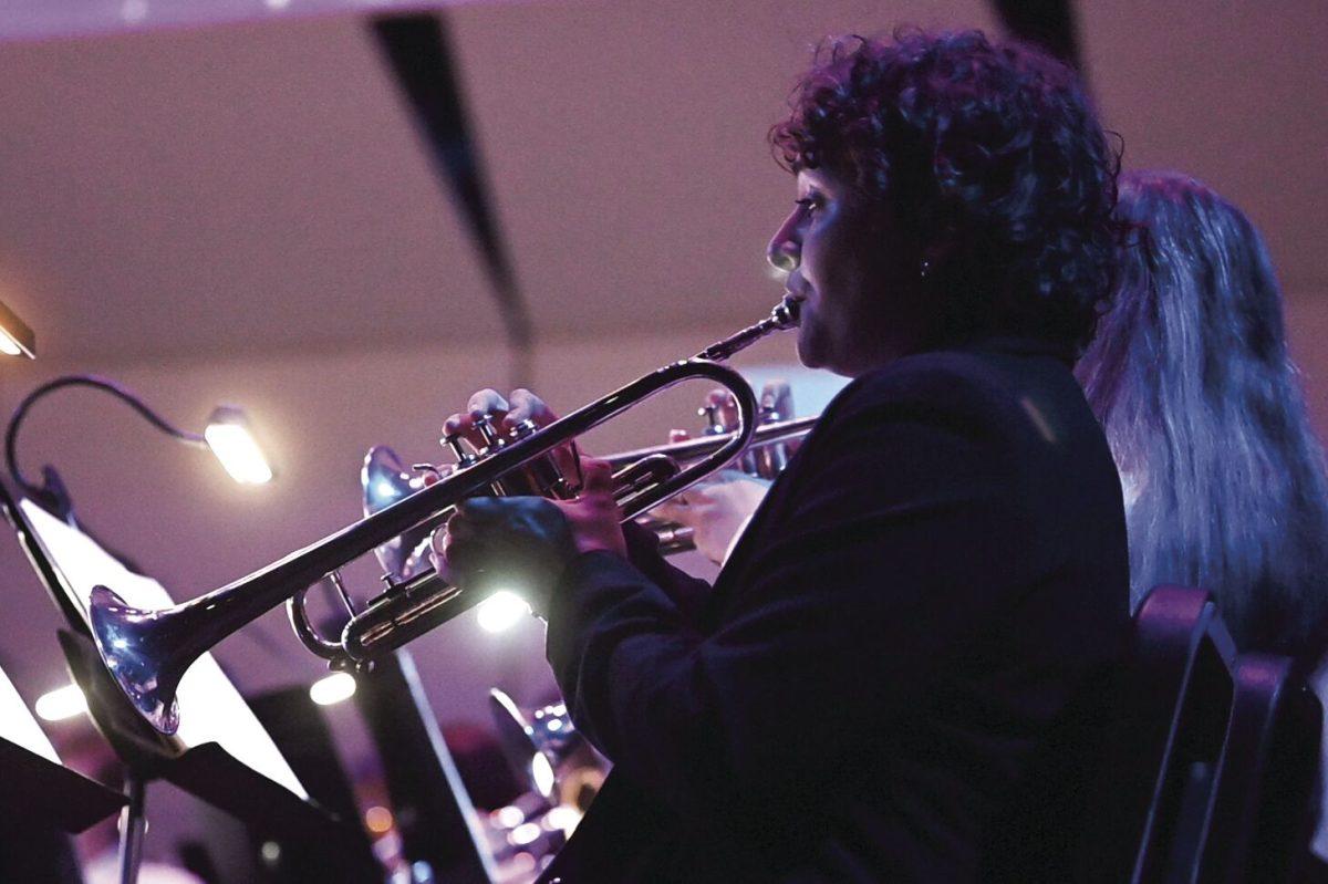 Sophia Parker, a fourth-year studying computer science, performs during the Symphonic Band Concert: From the Sky to the Stars, in Stewart Theatre on Thursday, Nov. 9, 2023. The concert featured performances of music from popular movies, along with a series of voiceover introductions, including one from an interview of Christina Koch.