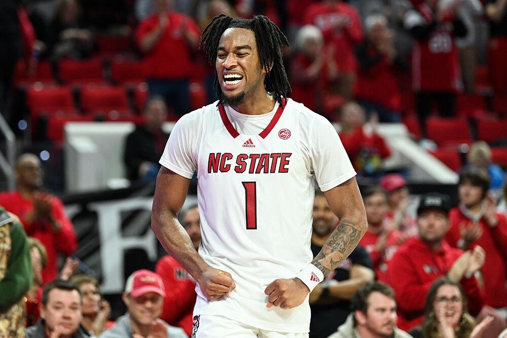 Junior guard Jayden Taylor celebrates winning the game against Virginia in PNC Arena on Saturday, Jan. 6, 2024. Taylor scored 15 points. NC State beat Virginia 76-60 and the team improves to 3-0 in ACC conference play.