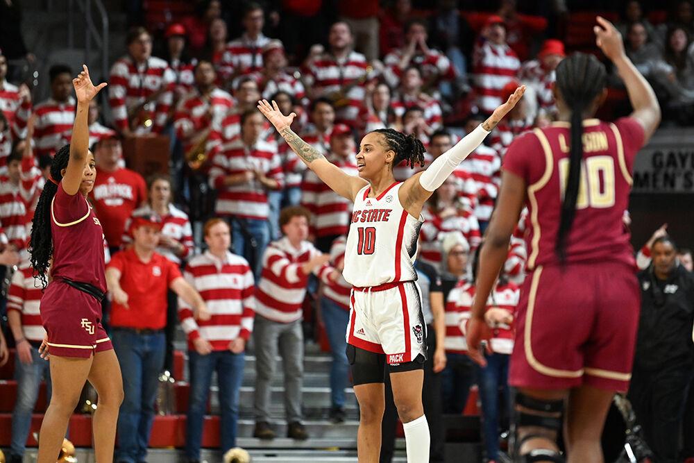 Junior guard Aziaha James holds her arms up in question after a call was made against NC State during the game against Florida State in Reynolds Coliseum on Thursday, Jan. 5, 2024. James scored 18 points and made three rebounds. NC State beat Florida State 88-80 in overtime.