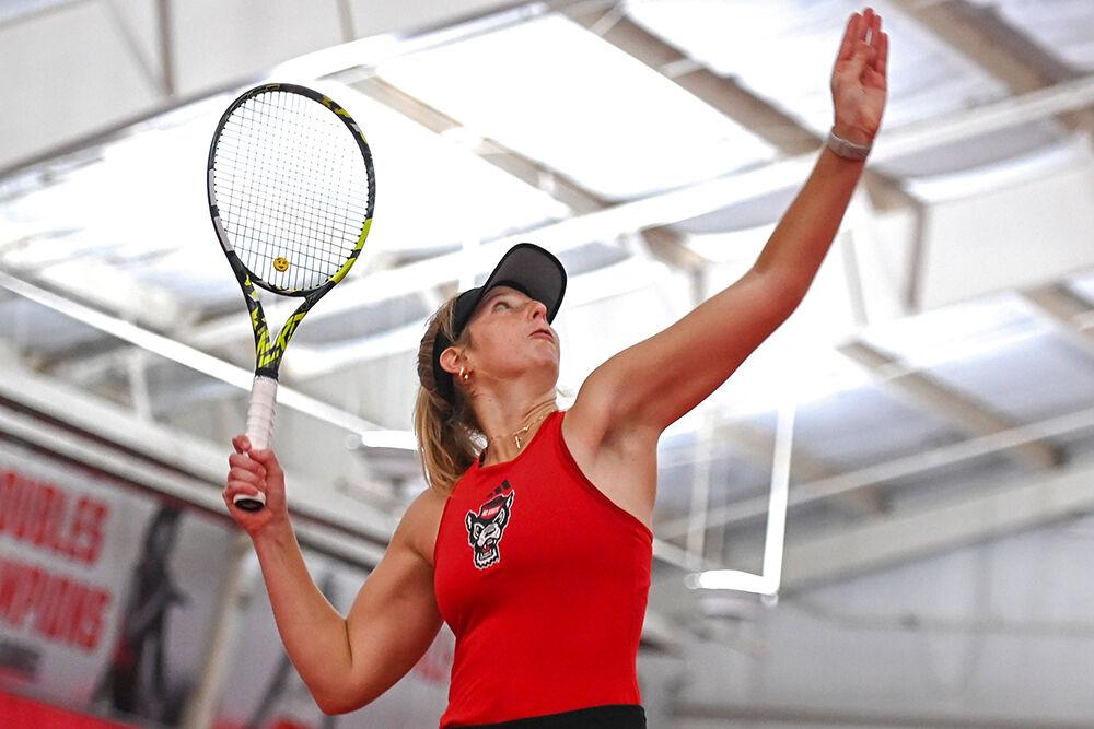 Freshman Maddy Zampardo serves in her singles match against Campbell at J.W. Isenhour Tennis Center on Saturday, Jan. 20, 2024. Zampardo won her singles match 6-4, 7-6 (7-4). NC State beat Campbell 7-0.
