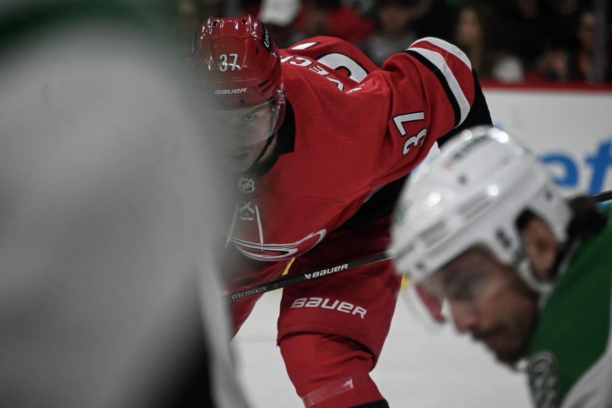 Carolina right wing Andrei Svechnikov prepares for the faceoff during the Hurricanes' home game against the Dallas Stars in PNC Arena on Saturday, Feb. 24, 2024. The Stars beat the Canes 2-1.