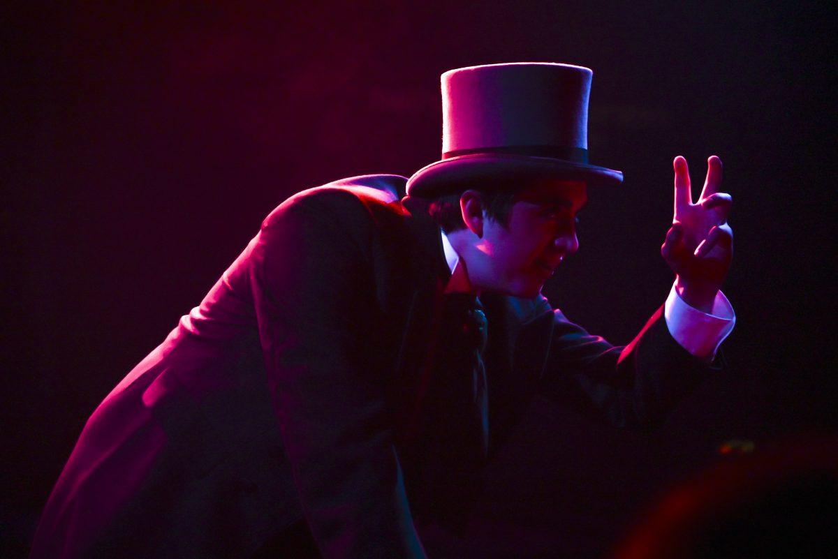 Playing as Edward Hyde, Jackson Lods, a fourth-year studying chemical engineering, sings "Confrontation" to the audience during the Jekyll &amp; Hyde musical performance in Stewart Theatre on Wednesday, Feb. 14, 2024. The musical follows the journey of Dr. Henry Jekyll as he attempts to find a scientific solution to separate the good from the evil inside humans resulting in Edward Hyde.