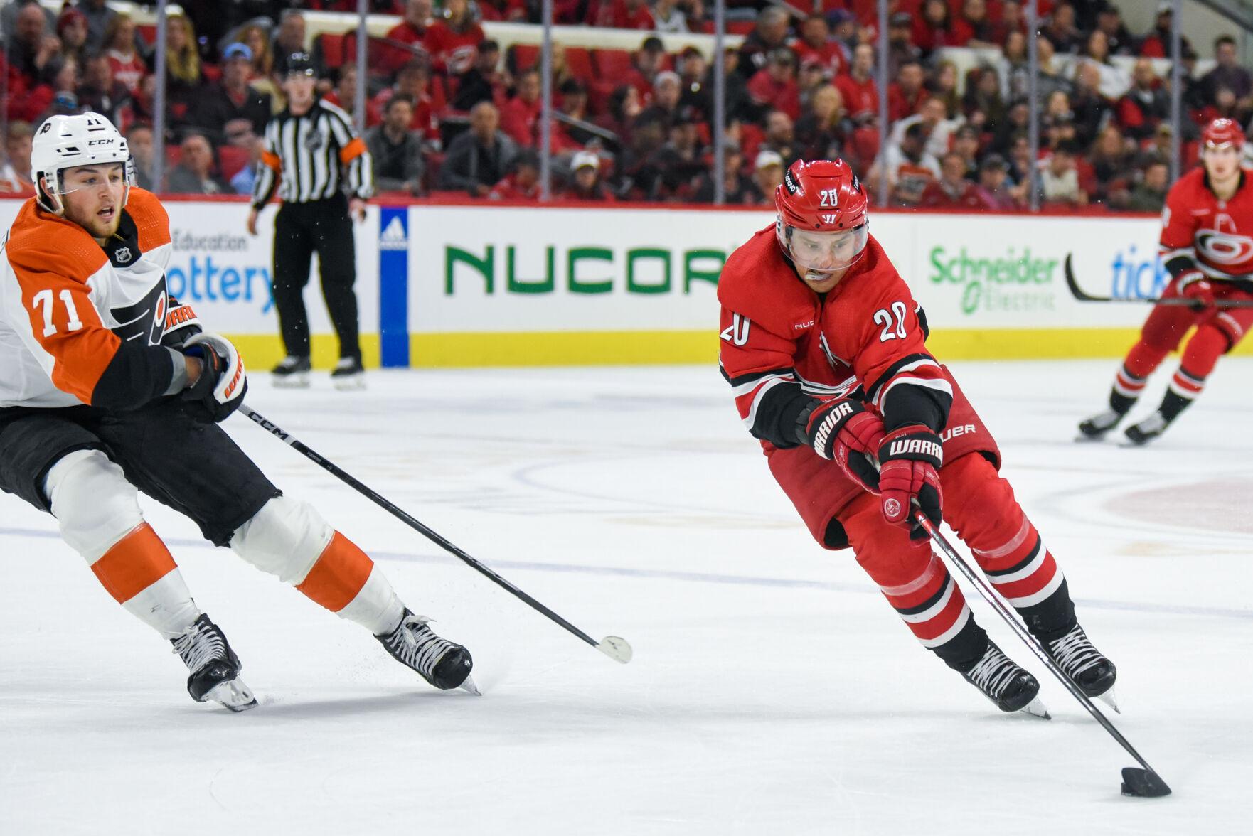 Center Sebastian Aho controls the puck during the game against the Philadelphia Flyers in PNC Arena on March 21, 2024. The Hurricanes defeated the Flyers 3-2 in overtime.