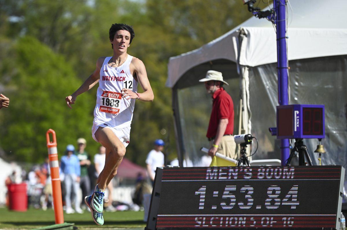 Junior distance Miles Ally crosses the finish line during the Raleigh Relays track meet at the Derr Track and Field Facility on Saturday, March 30, 2024. Ally finished the 800m dash at 1:53.93.