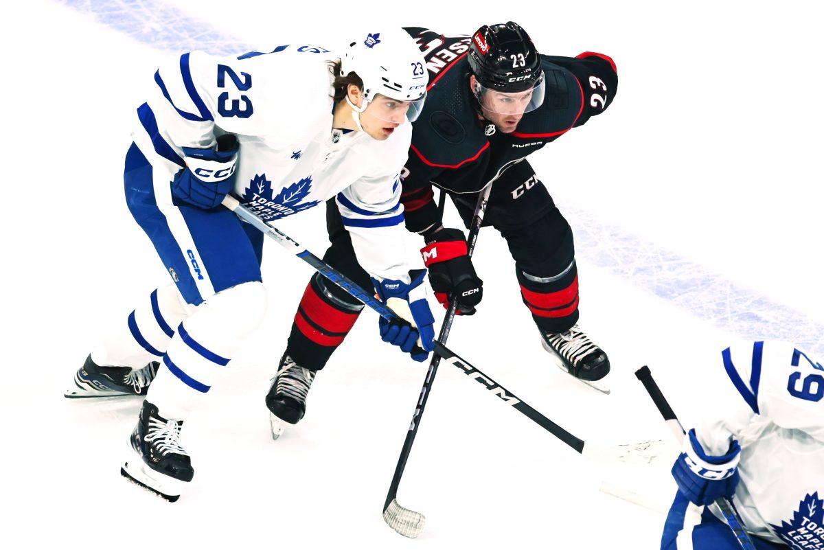 Right wing Stefan Noesen guards an opponent during the Carolina Hurricanes game versus the Toronto Maple Leafs at PNC Arena on Sunday, March 24, 2024. The Hurricanes beat the Maple Leafs 2-1.