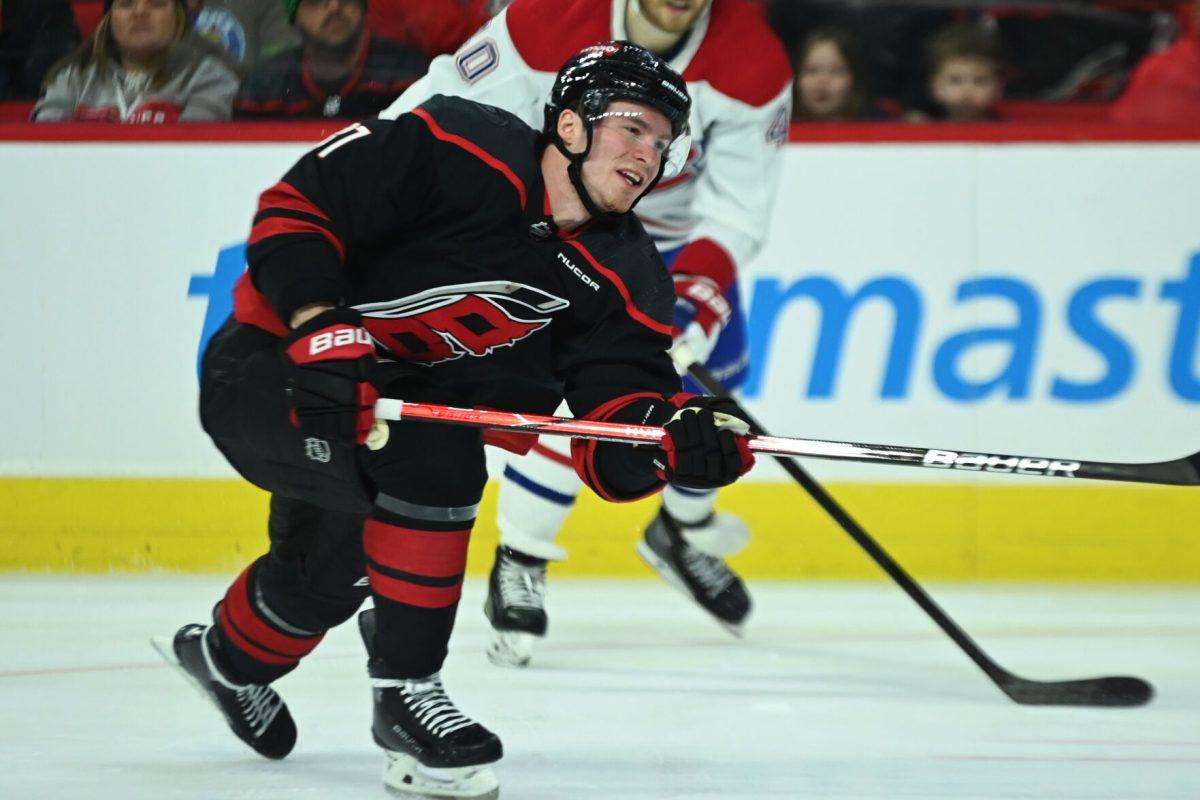 Left wing Andrei Svetchnikov passes the puck during the Carolina Hurricanes game versus the Montreal Canadiens on Thursday, March 7, 2024. Svetchnikov scored one goal for the Hurricanes. The Hurricanes beat the Canadiens 4-1.