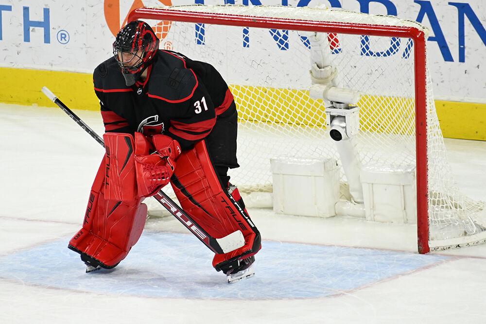Carolina goaltender Frederik Andersen stands in net during the Hurricanes' home game against the Tampa Bay Lightning in PNC Arena on Sunday, March 5, 2023. The Canes beat the Lightning 6-0.