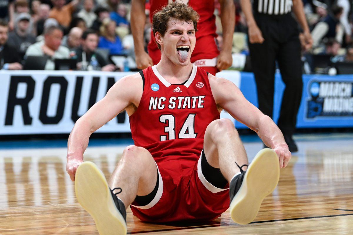 Junior forward Ben Middlebrooks celebrates after scoring an and-one layup during the first round game of the NCAA Tournament against Texas Tech at PPG Paints Arena in Pittsburgh on Thursday, March 21, 2024. Middlebrooks led the team in scoring with his career high 21 points. NC State beat Texas Tech 80-67.