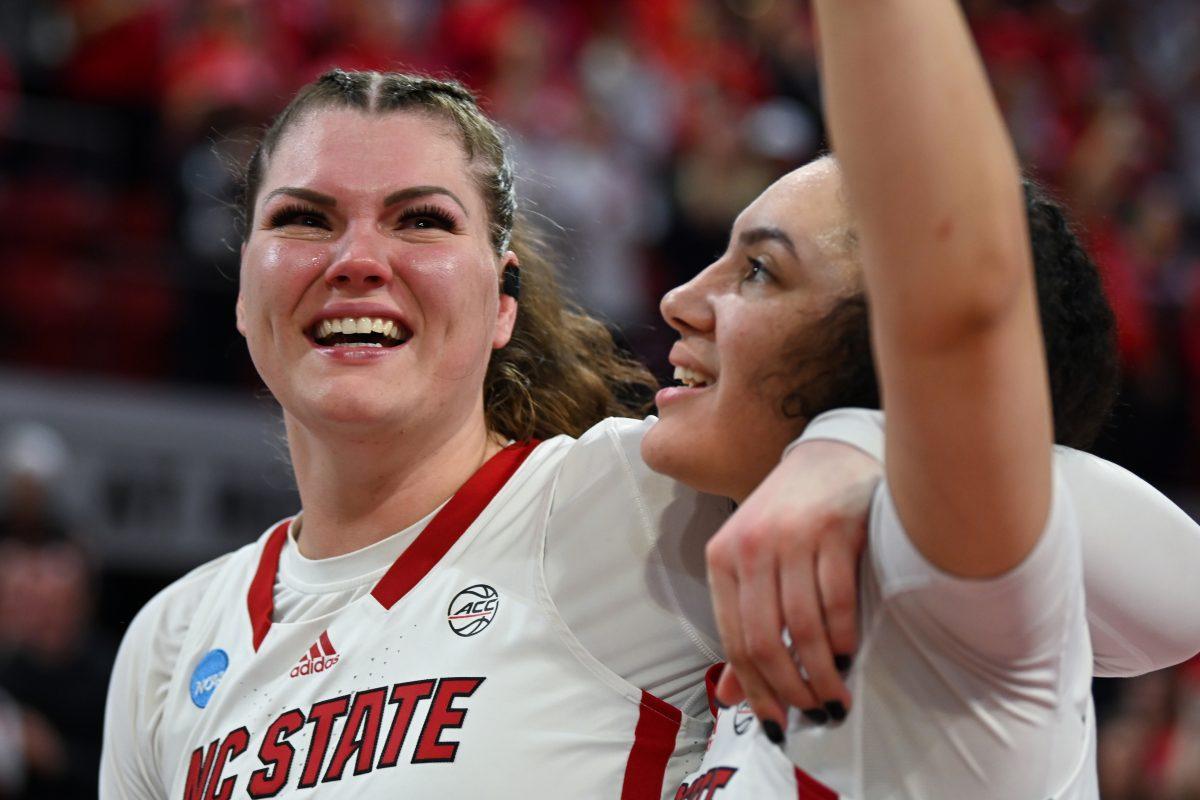 Graduate center River Baldwin and graduate forward Mimi Collins embrace after the game against Tennessee in Reynolds Coliseum on Monday, March 25, 2024. The Wolfpack beat the Lady Volunteers 79-72.