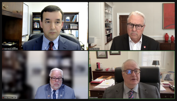 State epidemiologist Dr. Zach Moore, Chancellor Randy Woodson, UNC-Chapel Hill professor in cancer epidemiology Andrew Olshan and Provost Warwick Arden participate in a webinar Monday, March 25, 2024. Woodson and Arden provided information on NC State's investigation of PCBs in Poe Hall, and Moore and Olshan discussed the challenges of investigating cancer clusters. 