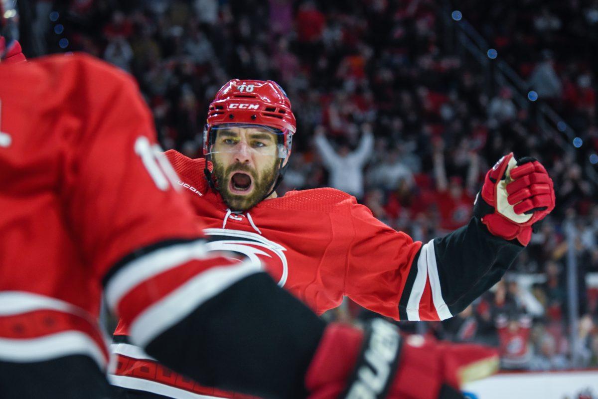 Left Wing Jordan Martinook celebrates after scoring a goal during the game against the Philadelphia Flyers in PNC Arena on Thursday, March 21, 2024. The Hurricanes defeated the Flyers 3-2 in overtime.