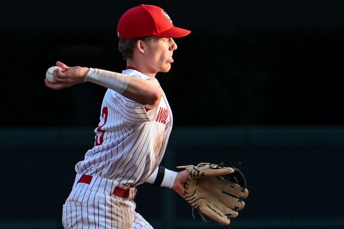 Junior infielder Brandon Butterworth throws the ball to first base during the game against UNC-Wilmington at Doak Field at Dail Park on Tuesday, April 30, 2024. Butterworth had one hit. NC State lost to Wilmington 5-4.