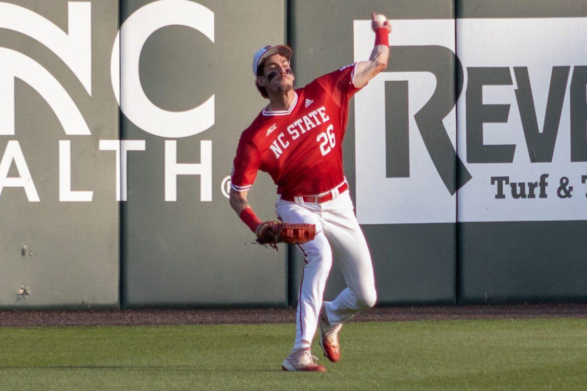 Sophomore Infielder/Outfielder Eli Serrano III launches the ball during the game against ECU at Doak Field at Dail Park on Tuesday, April 2, 2024. Serrano had 1 hit during the game. NC State lost to ECU 12-4.