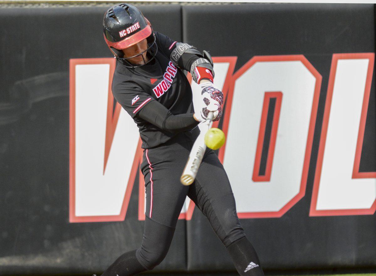 Sophomore Madison Inscoe batted during the game against Queens University at Dail Softball Stadium on Tuesday, April 9, 2024. Inscoe batted four times and was left on base twice. The Wolfpack won against the Royals 7-1.
