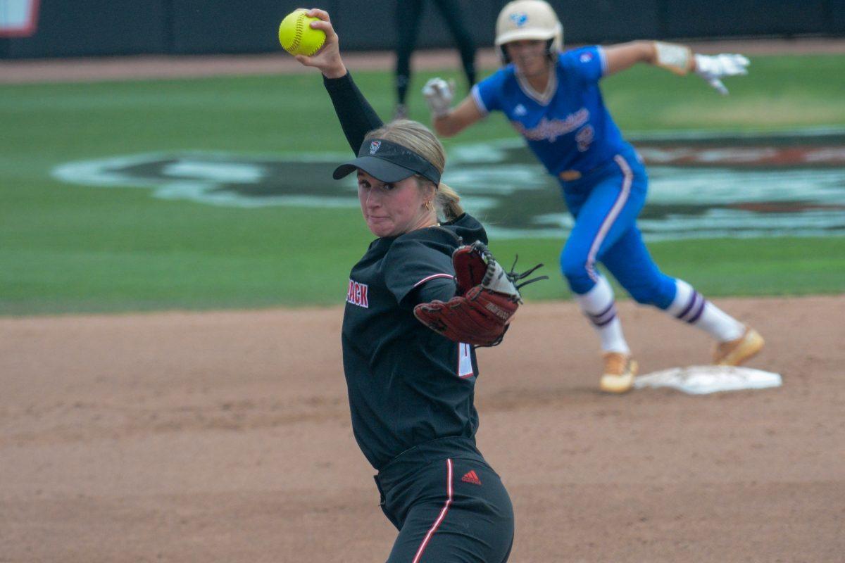 Sophomore Riley Wyman pitches during the game against Presbyterian at Dail Softball Stadium on Saturday April 20, 2024. The Wolfpack defeated the blue hose in the first game of the doubleheader 10-0.