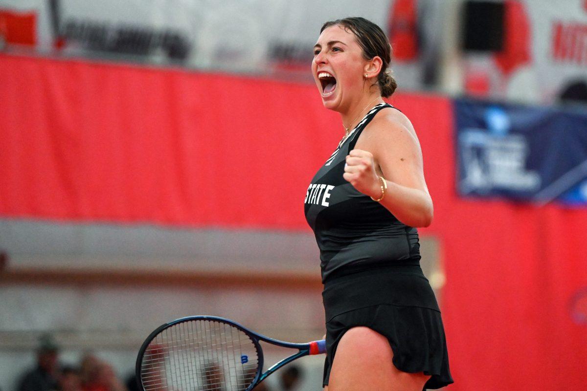Senior Abigail Rencheli celebrates scoring a point during the NCAA Tournament second round match against Old Dominion at J.W. Isenhour Tennis Center on Sunday, May 5, 2024. Rencheli won her singles match 6-4, 6-1. NC State beat Old Dominion 4-0 to advance to the Sweet 16.