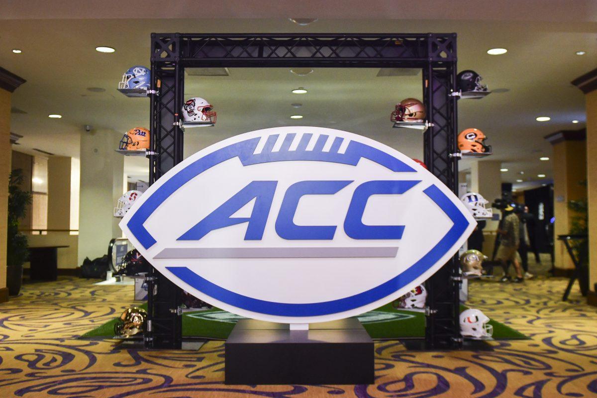Helmets of each ACC member are displayed during the ACC Kickoff event in Charlotte, NC on Thursday, July 25, 2024. The event acted as the media day for the ACC football season and officially introduced the three new teams of Stanford, University of California-Berkely and Southern Methodist University to the conference.