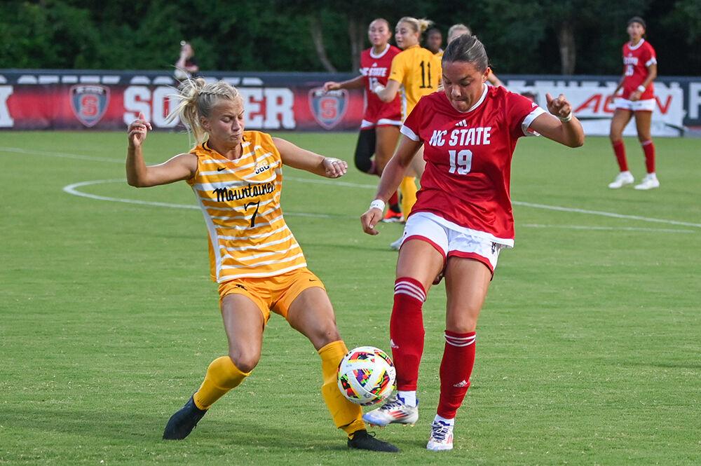 Freshman forward Antonella Mazziotto keeps ahold of the ball during the match against Appalachian State University at Dail Soccer Field on Thursday, Aug. 15, 2024. The Wolfpack and the Mountaineers tied 0-0.