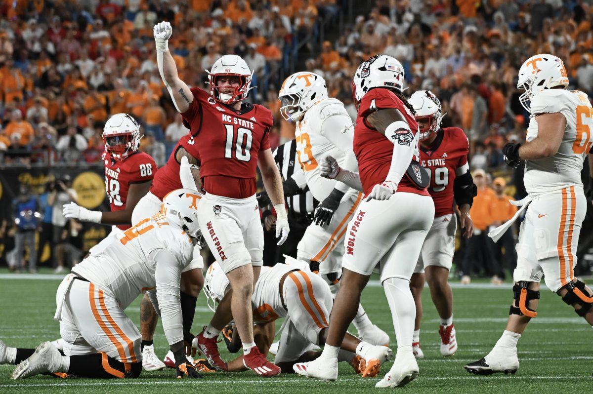 Redshirt junior linebacker Caden Fordham celebrates a defensive stop during the Wolfpack's game against the Tennessee Volunteers in Bank of America Stadium for the Duke's Mayo Classic on Saturday, Sept. 8, 2024. The Wolfpack lost to the Volunteers 51-10.