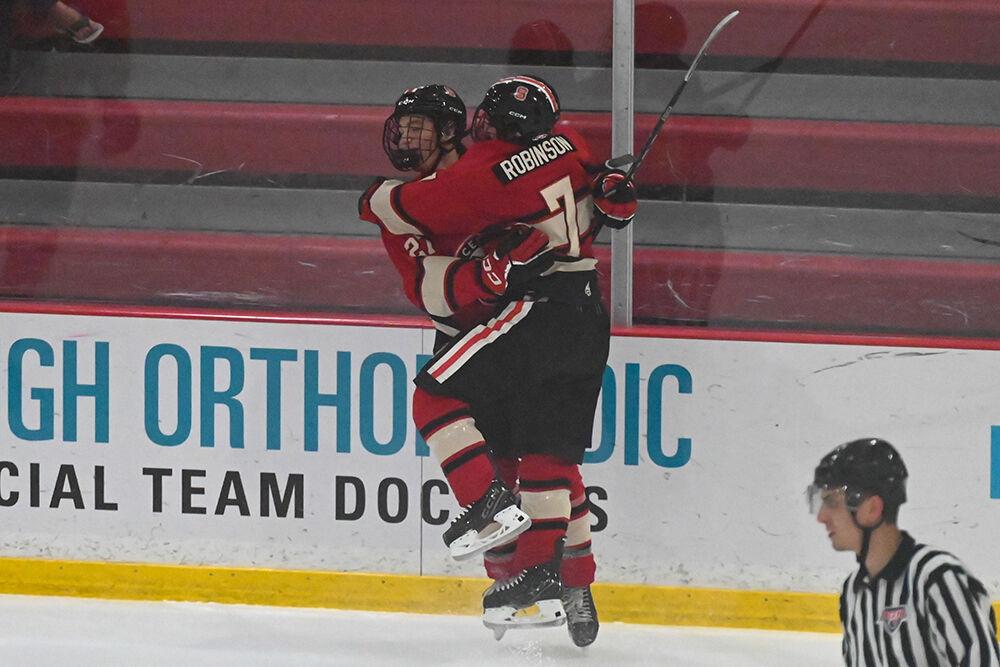 Senior foward Zack Robinson celebrates with sophomore forward Nick Shook during the game against Penn State at Invisalign Arena on Friday, Oct. 26, 2024. NC State beat Penn State 4-3.