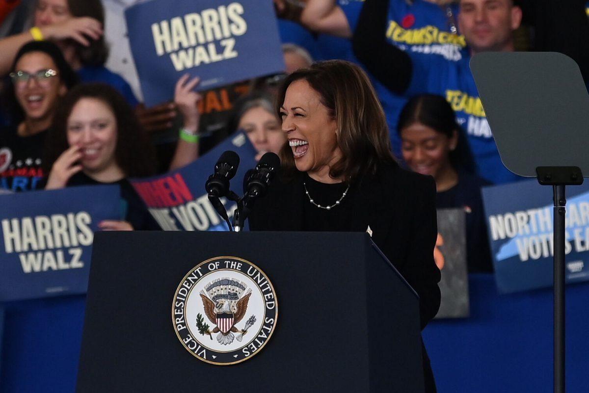 Vice President Kamala Harris speaks during her campaign rally at Coastal Credit Union Music Park at Walnut Creek on Wednesday, Oct. 31, 2024. Harris put an emphasis on turning out to vote and women's rights in her final push for the battleground state of North Carolina.
